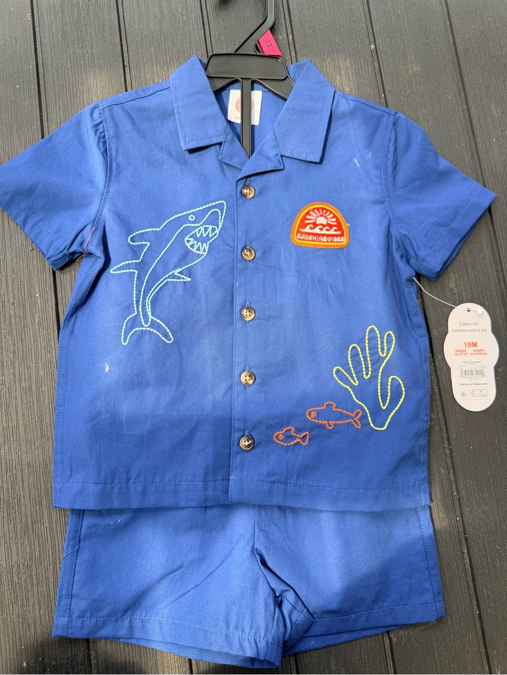 Blue Toddler Two-Piece Shirt & Shorts Set with Shark & Fish Embroidery